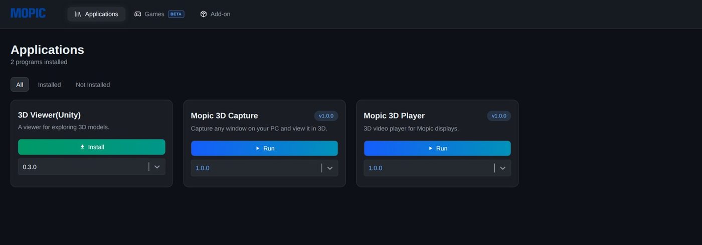 MOPIC Hub Applications 탭