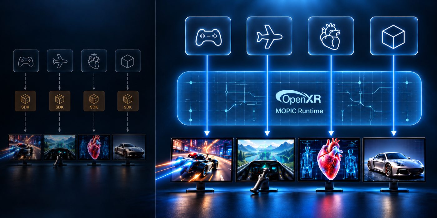 앱마다 전용 SDK를 적용하던 방식과 OpenXR Runtime 하나로 게임·시뮬레이터·의료·3D 모델 앱이 무안경 3D로 출력되는 방식의 비교 개념도